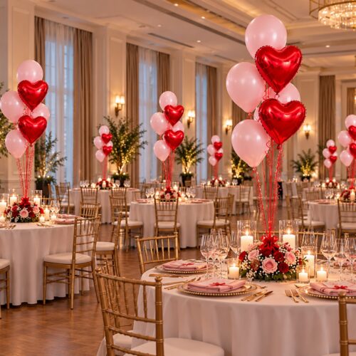 Romantische Ballontros met 2 Rode Hartjes en 4 Roze Ballonnen