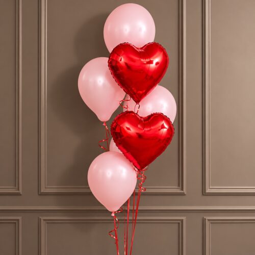 Alternative view of Romantische Ballontros met 2 Rode Hartjes en 4 Roze Ballonnen