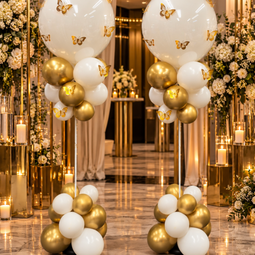 Butterfly Ballonpilaar Wit & Goud – Luxe Decoratie met Gouden Vlinders